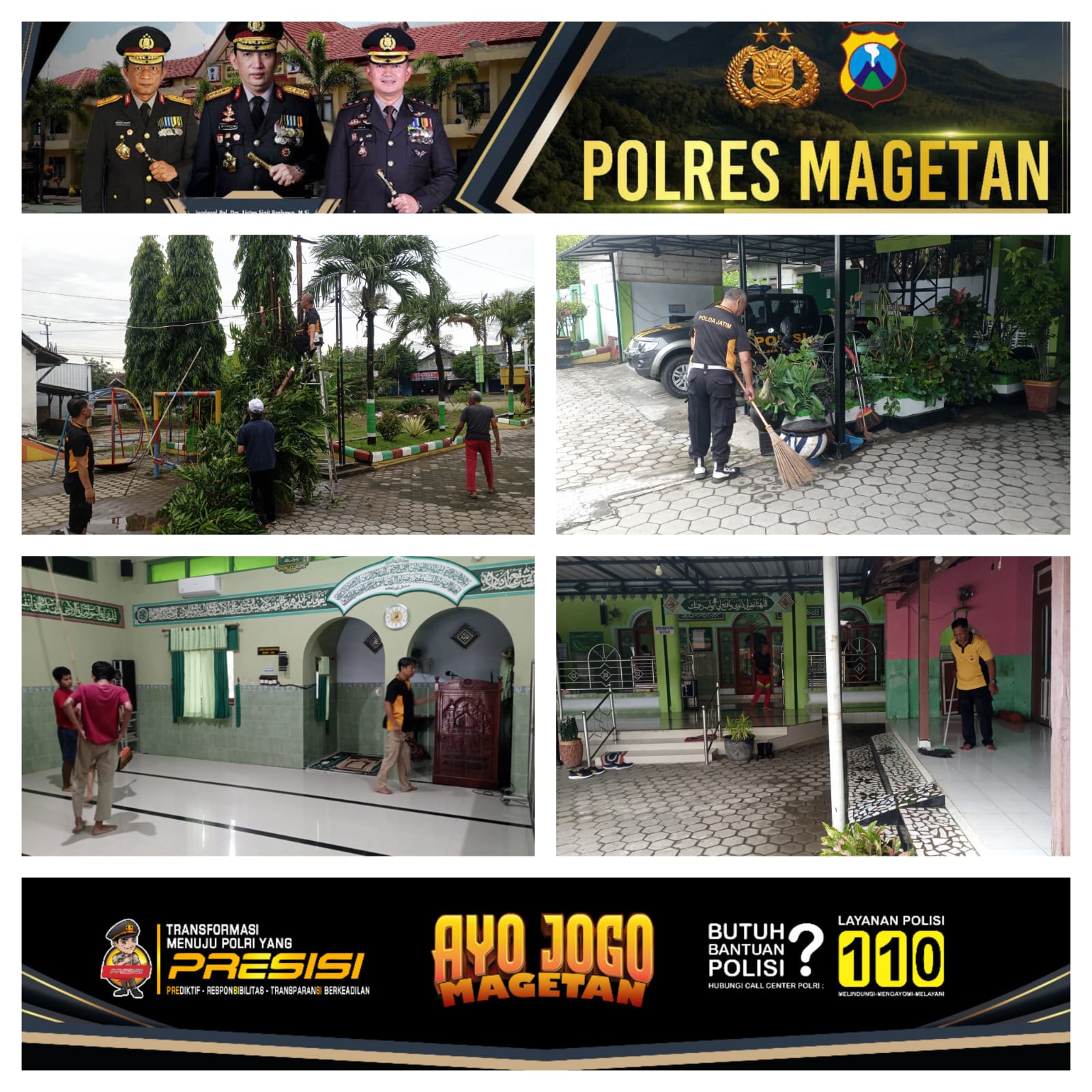 Polsek Takeran melaksanakan kegiatan bersih-bersih tempat ibadah di Masjid Baitus Shalihin Kel.Takeran.