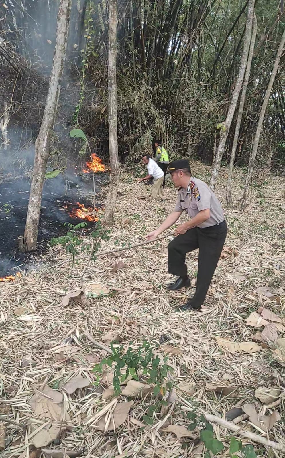 Kapolsek Sukomoro bersama anggota melaksanakan kegiatan mitigasi kebakaran di area bambrogan atau kebun bambu