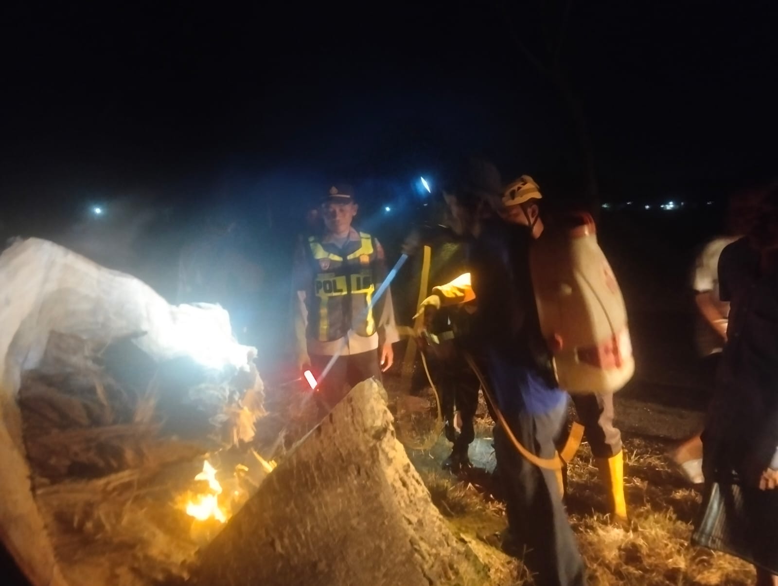 Kapolsek Kartoharjo Pimpin Evakuasi Pohon Sengon Laut Terbakar di Jalan Raya Mrahu